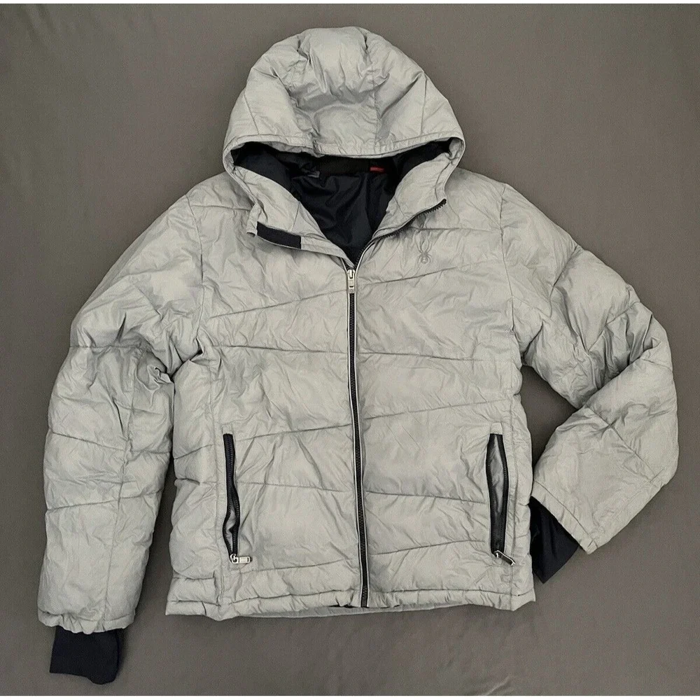 Spyder Puffer Hooded Jacket Boys Large 14/16 Gray Thermaweb Nylon Thumb Holes
